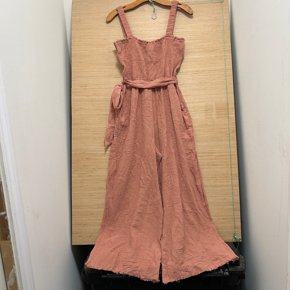 Altard State Terracotta Rose Smocked‎ Wide Leg Gauze Jumpsuit Small Fringe Hem